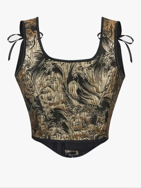 Black and Gold Renaissance Corset Top for Women Floral Lace Up Overbust Bustier - Picture 3 of 5